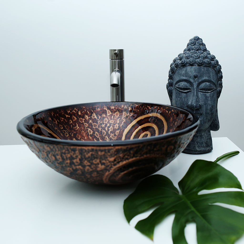 Arsumo 140114 Antique Hunt Tempered Glass Vessel Sink with Brushed Nickel Faucet