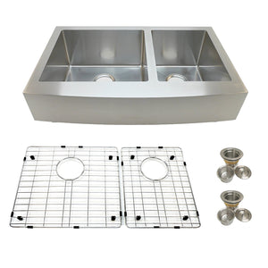 Arsumo KSAP36D Handcrafted Apron Front Farmhouse Double Bowl 60/40 Kitchen Sink, 36'', 16 Gauge, Stainless Steel