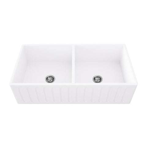 Arsumo KSAFMS33D Apron Front Farmhouse Matte Stone Double Bowl Kitchen Sink, 33'',Matte White