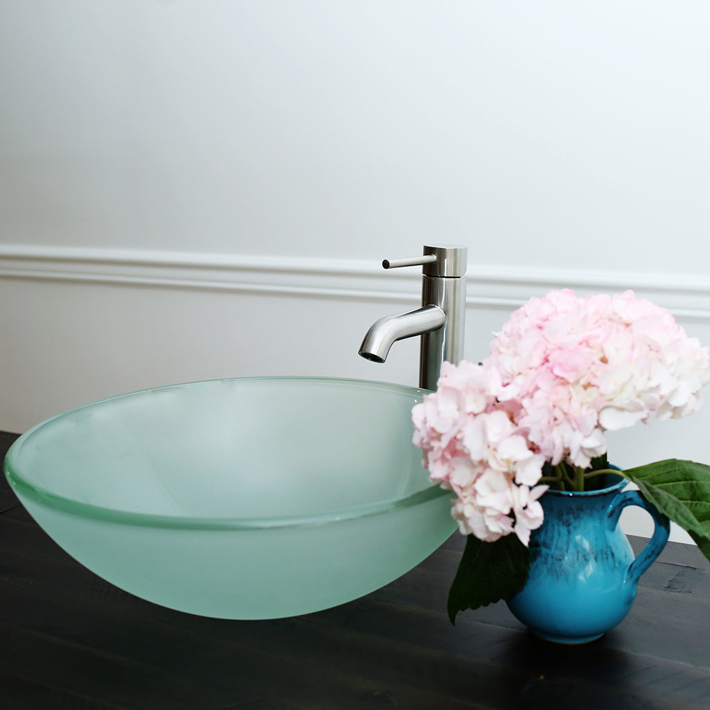 10-124 B Arsumo Frosted Circular Glass Vessel Sink Combo (with Brushed Nickel Faucet, Pop-up Drain and Mount Ring)