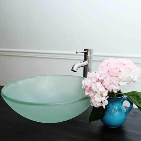 10-124 B Arsumo Frosted Circular Glass Vessel Sink Combo (with Brushed Nickel Faucet, Pop-up Drain and Mount Ring)