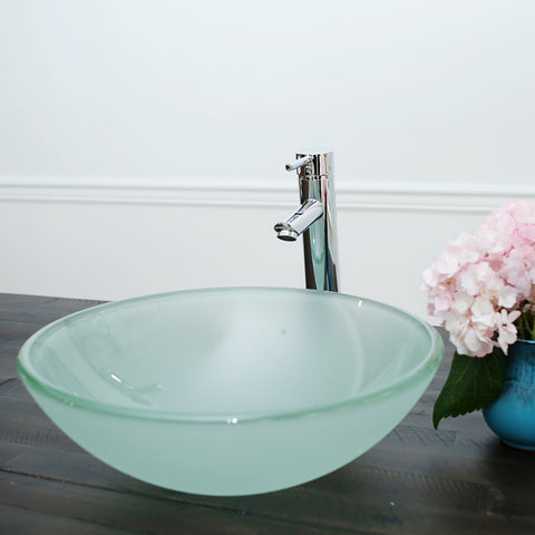 10-124- A Arsumo Frosted Circular Glass Vessel Sink Combo (with Chrome Faucet, Pop-up Drain and Mount Ring)